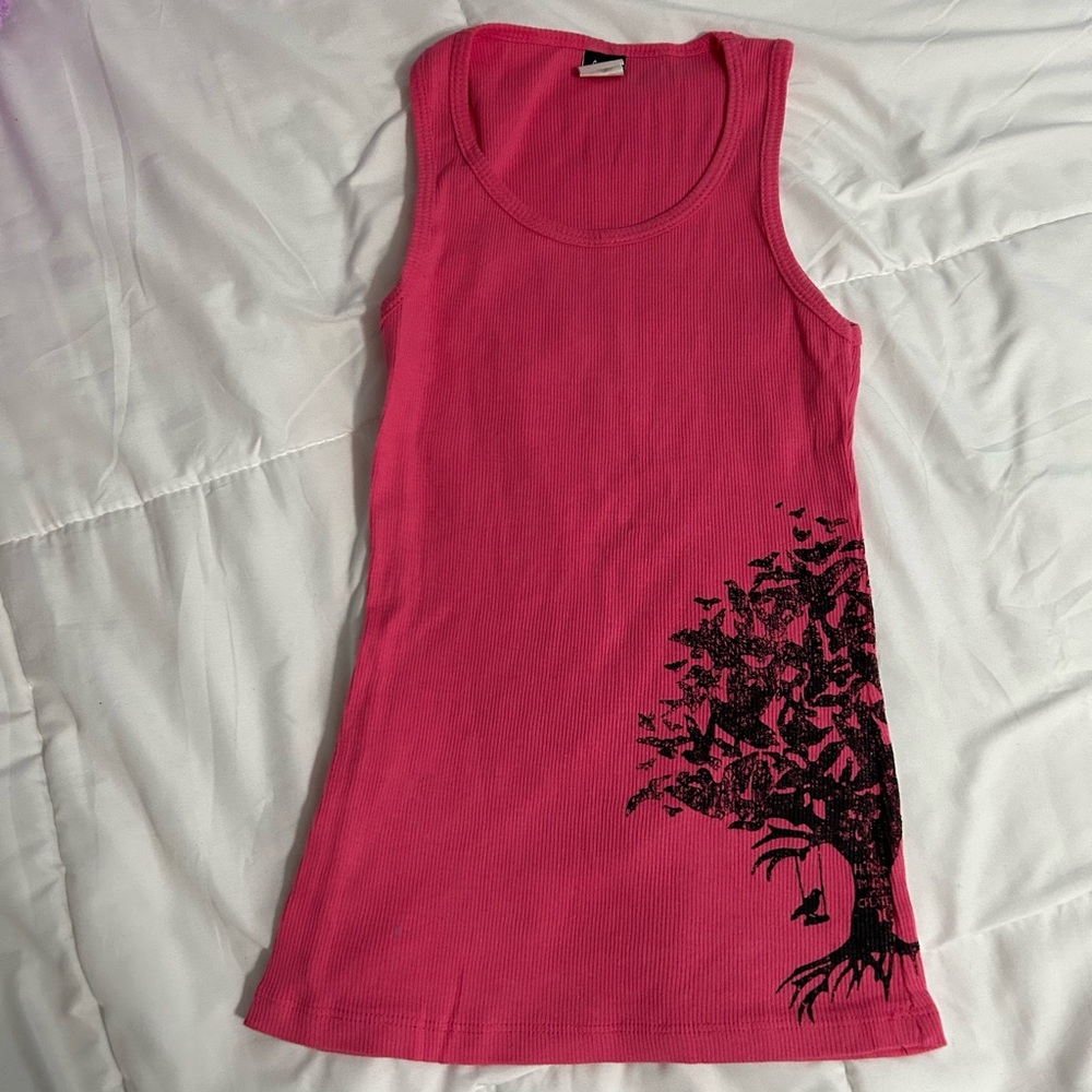 Vintage Y2K Hurley Pink Cotton Ribbed Tank Top Screen Print Birds in a Tree